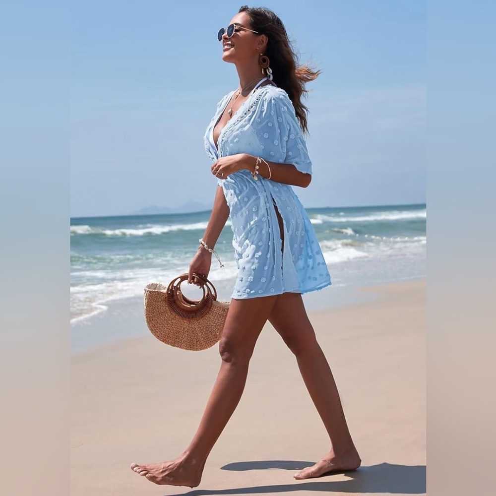 PinkQueen Beach CoverUp Dress Short Sleeve Swiss Polka Dot Sheer Swim Coverup